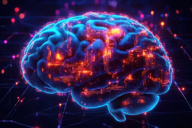 Glowing blue brain covered with orange circuit patterns and neon network lines in a dark digital space.