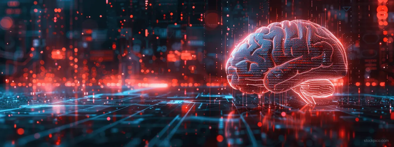 Neon holographic brain hovers above diagnostic chart overlays in a futuristic hospital scene with glowing lights.