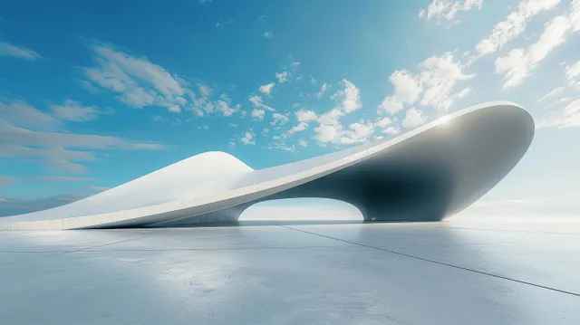 A futuristic curved building facade curves over a smooth concrete forecourt beneath a bright blue sky.