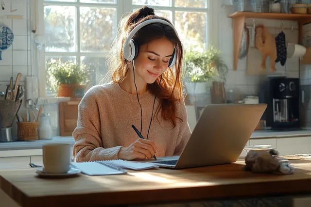 Una mujer sonriente estudia en una laptop con auriculares y toma notas en un escritorio de cocina junto a una ventana soleada.