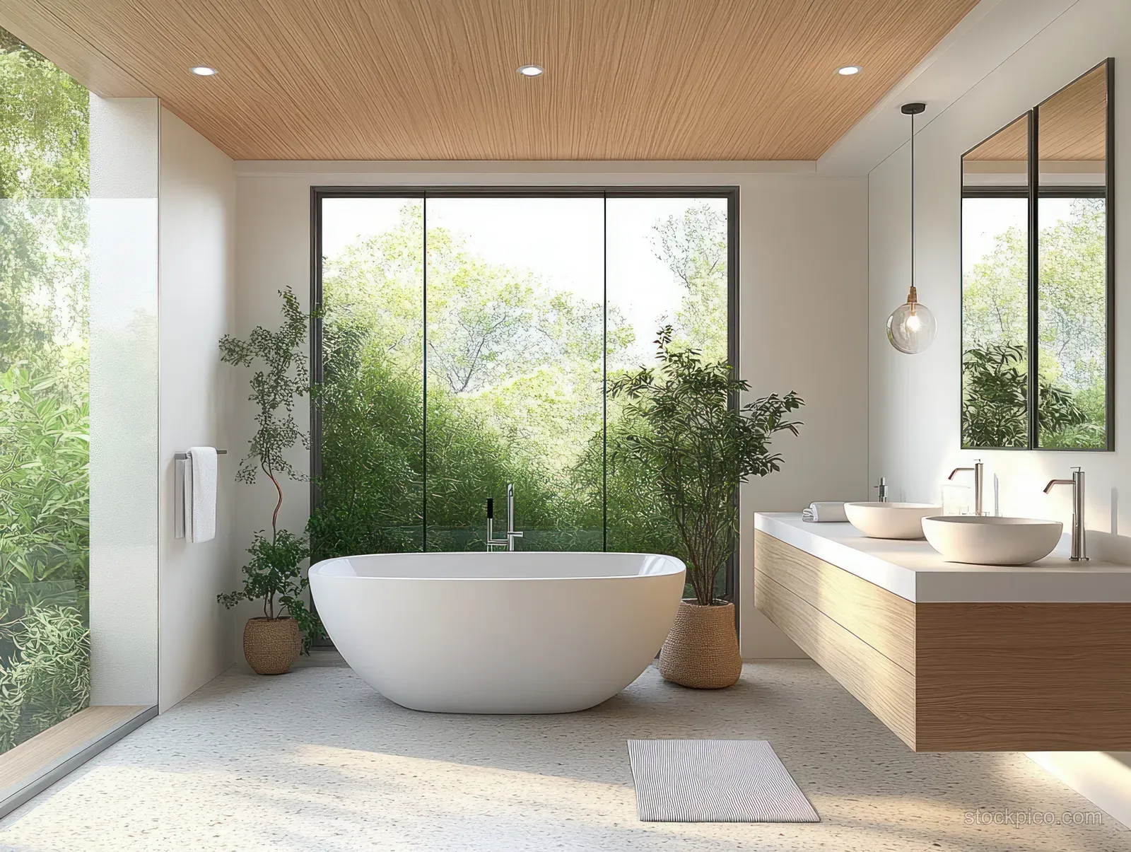 A minimalist bathroom shows a freestanding white bathtub facing windows with a lush garden view outside.