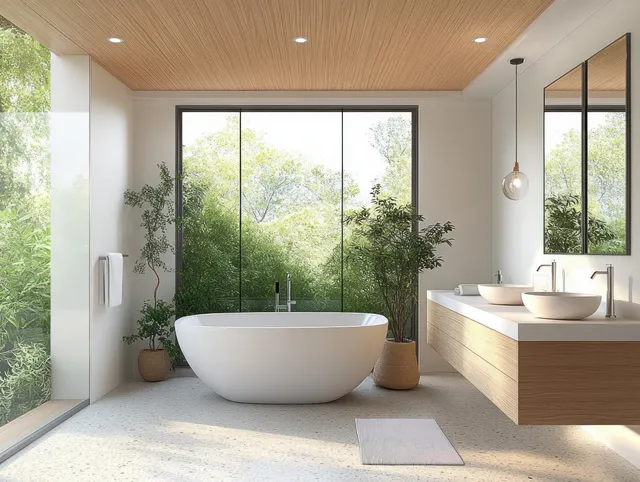 A minimalist bathroom shows a freestanding white bathtub facing windows with a lush garden view outside.