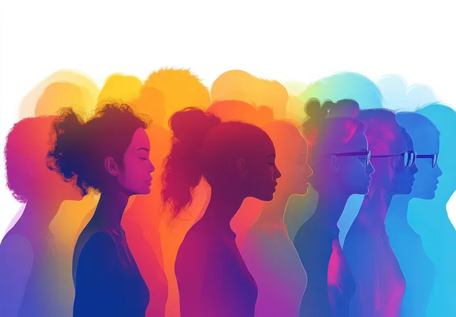 Diverse crowd communicating in colorful pop art silhouettes with glowing backlight