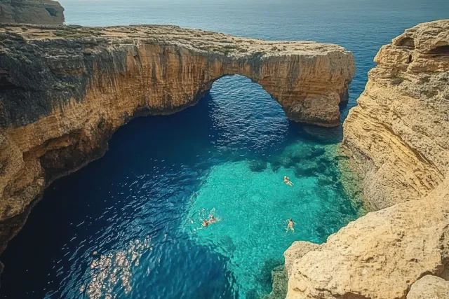 Azure sea pool beneath natural limestone window with swimmers on Gozo cliffs