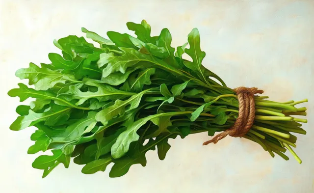 A tied bunch of fresh arugula leaves on a light background with visible leaf texture.