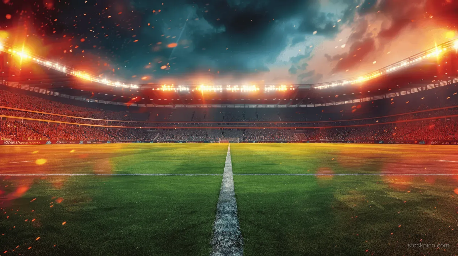 Neon-lit soccer stadium at night with bright lights, green field, and a Germany flag in the background.