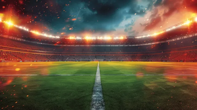 Neon-lit soccer stadium at night with bright lights, green field, and a Germany flag in the background.