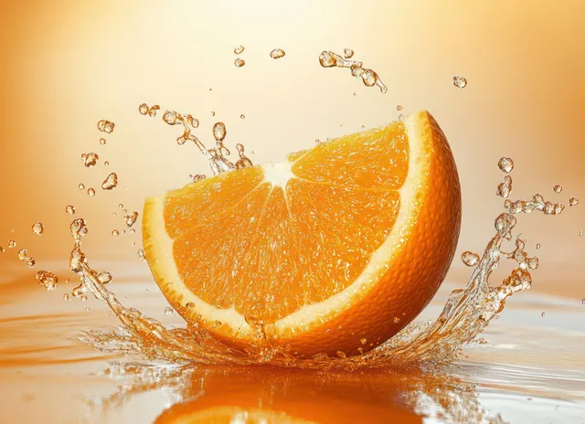 An orange slice splashes into clear water with droplets frozen mid-air on a warm orange background.