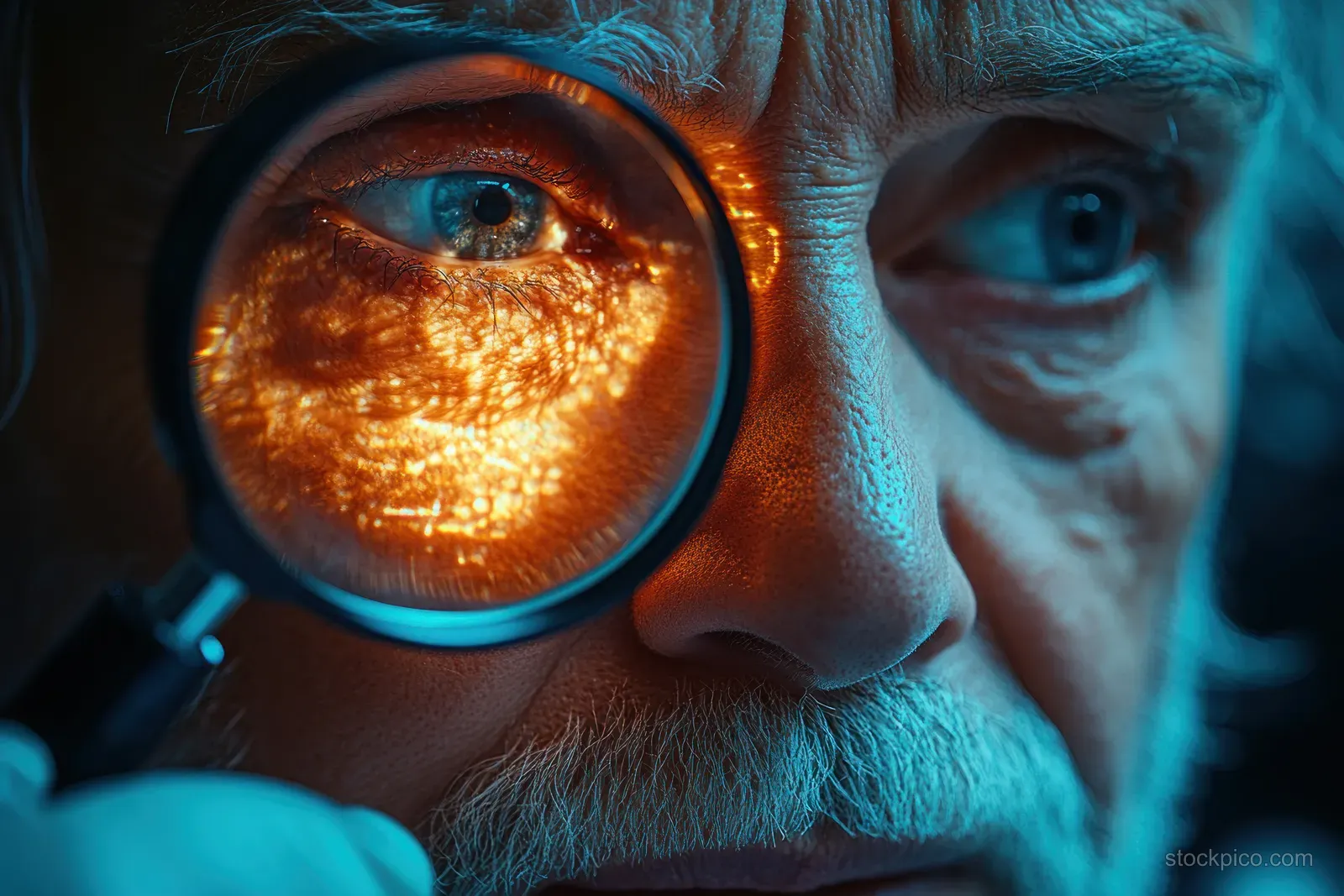 Dermatologist inspects a patient’s skin through a magnifying glass during an in-clinic consultation.