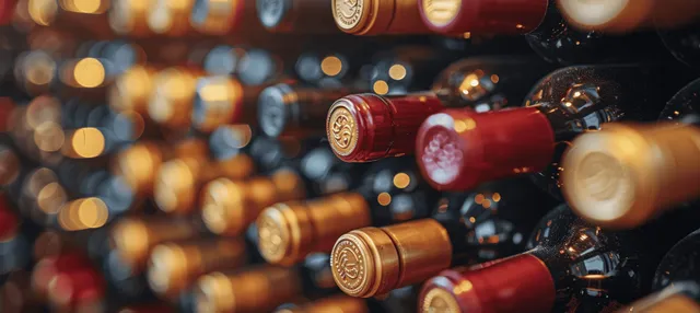 Rows of wine bottles in a dim winery cellar with warm gold highlights