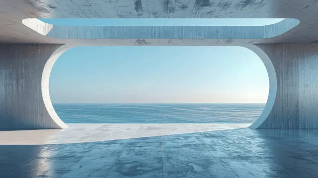 Minimalist architectural corridor with oval ocean view window and empty concrete floor light shafts