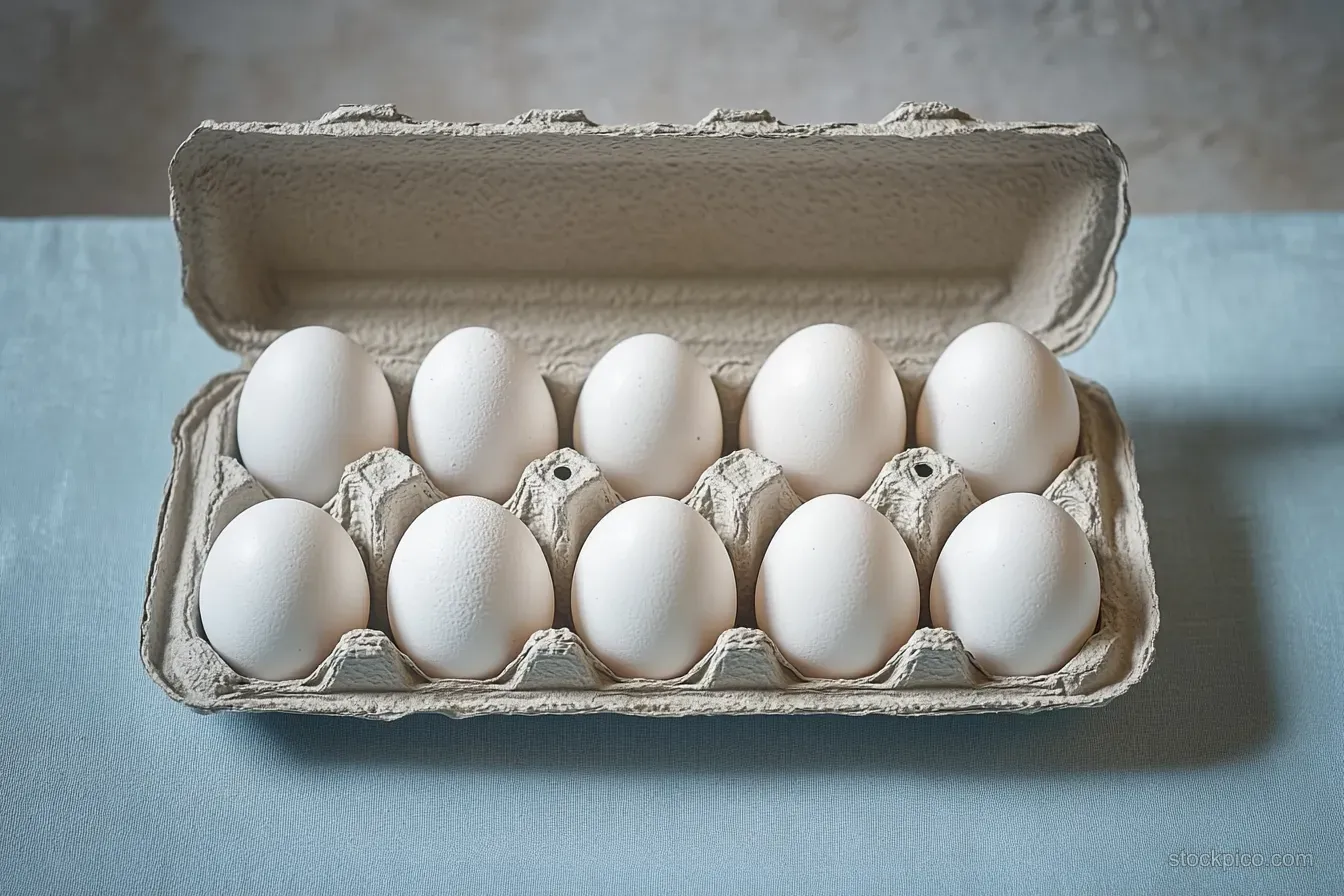 Ten white eggs sit in an open cardboard egg carton on a light blue surface with soft natural light.