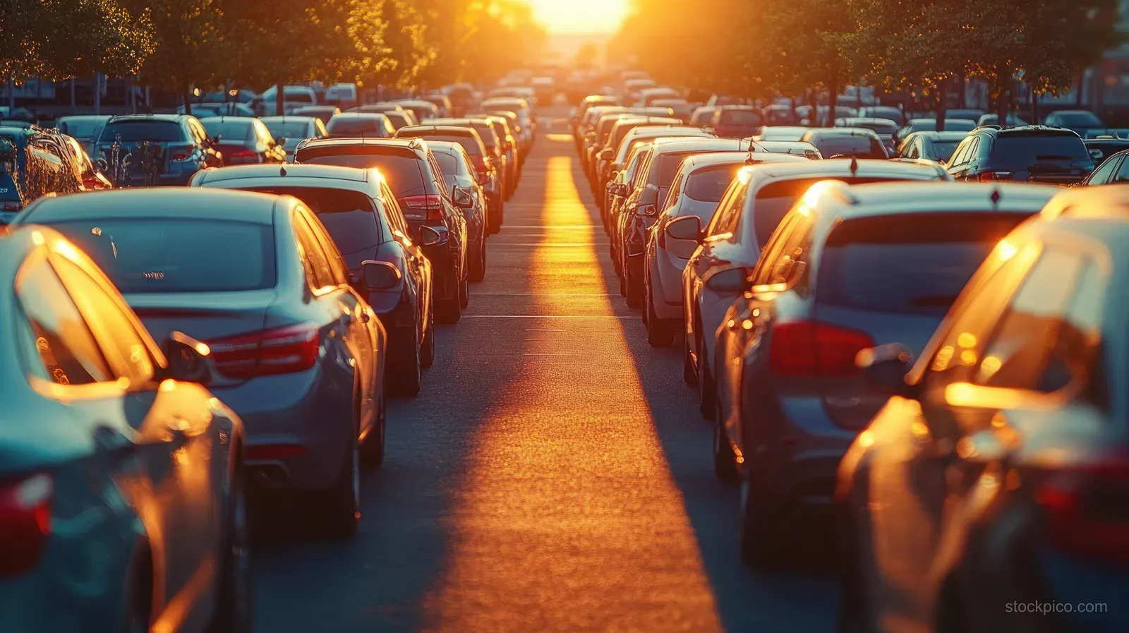 A crowded car lot at sunset with rows of parked vehicles glowing in golden light on asphalt.