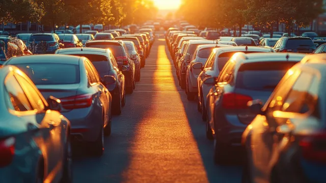 A crowded car lot at sunset with rows of parked vehicles glowing in golden light on asphalt.