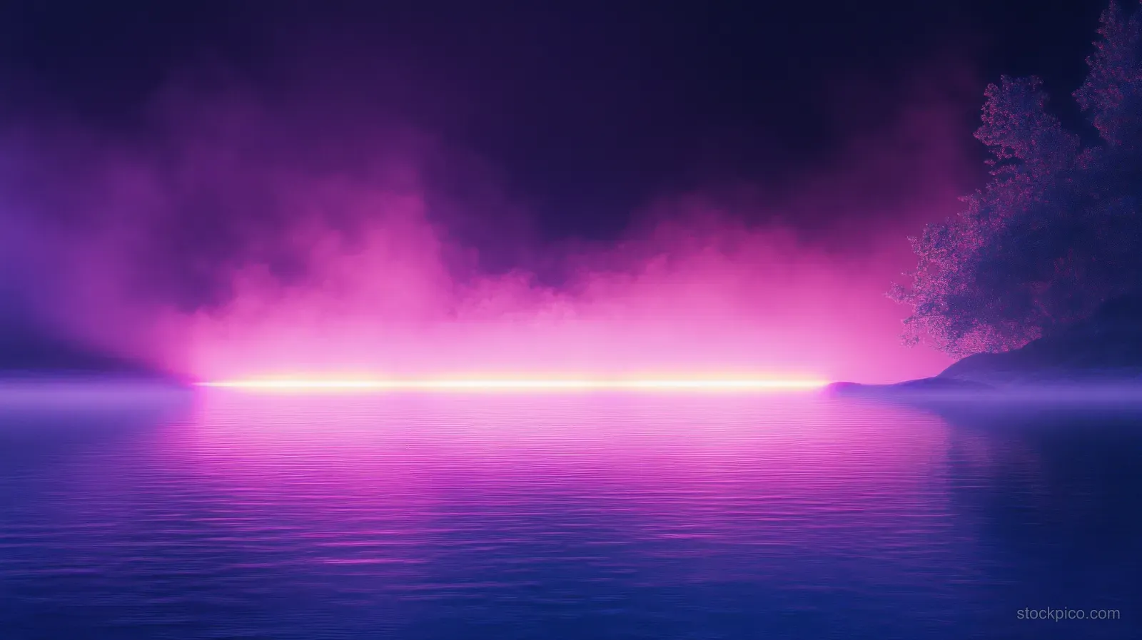 Purple neon light streaks glow across a misty horizon over a calm reflective lake at night.