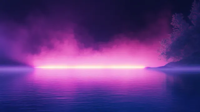 Purple neon light streaks glow across a misty horizon over a calm reflective lake at night.