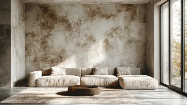 Beige plush sofa sits in a minimalist living room facing a textured concrete wall with daylight from a large window.