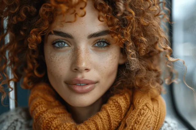 Close-up portrait of a red-curly-haired woman gazing softly in an orange knit scarf