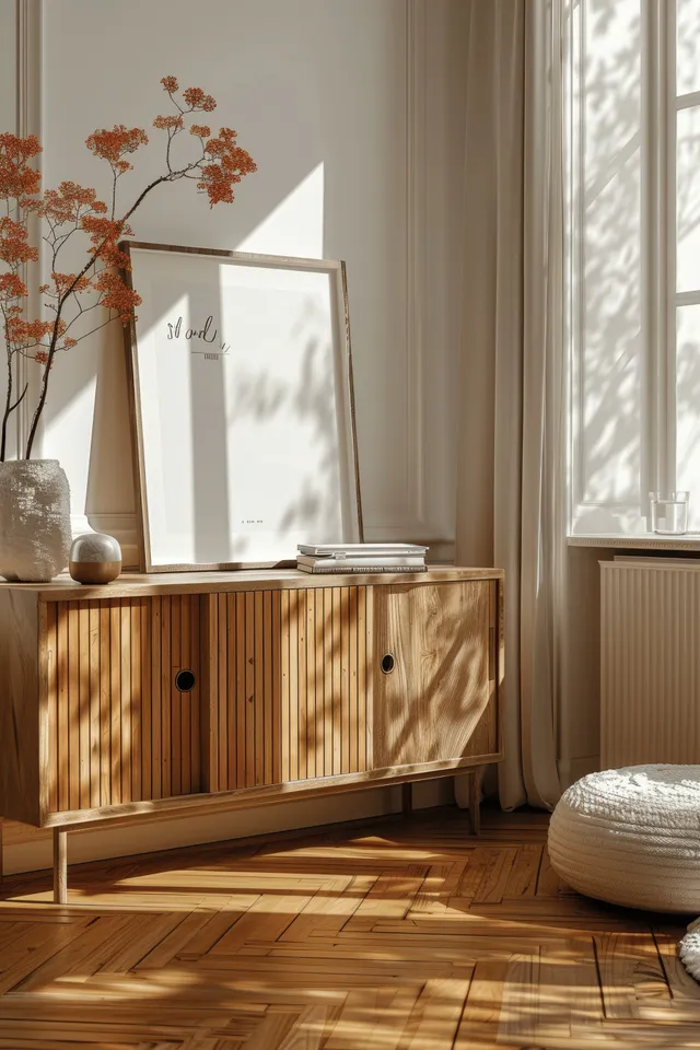 Warm sunlight fills a minimalist living room, showing a wooden sideboard beside a blank poster frame on the wall.