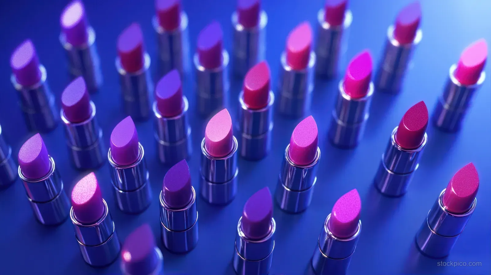 Diagonal rows of pink, purple, and red lipsticks on a glossy blue surface with metallic caps.