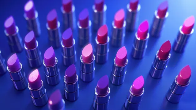 Diagonal rows of pink, purple, and red lipsticks on a glossy blue surface