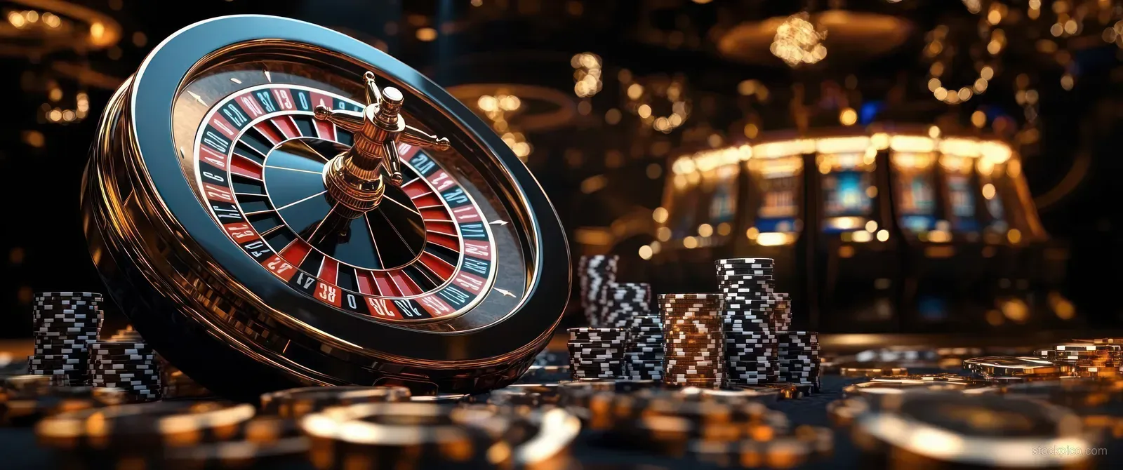 Roulette wheel close-up with scattered poker chips under warm golden casino lighting and blurred lights behind.