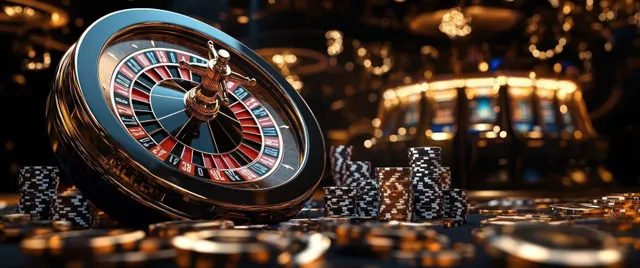 Roulette wheel close-up with scattered poker chips under warm golden casino lighting and blurred lights behind.