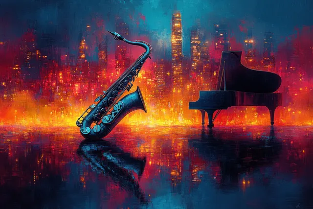 Abstract jazz artwork featuring a saxophone and piano over a neon city skyline with colorful splashes and reflections.