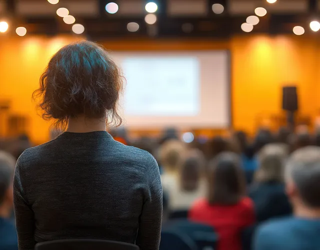An executive speaks to a seated audience in a conference hall with a blank presentation screen behind them.