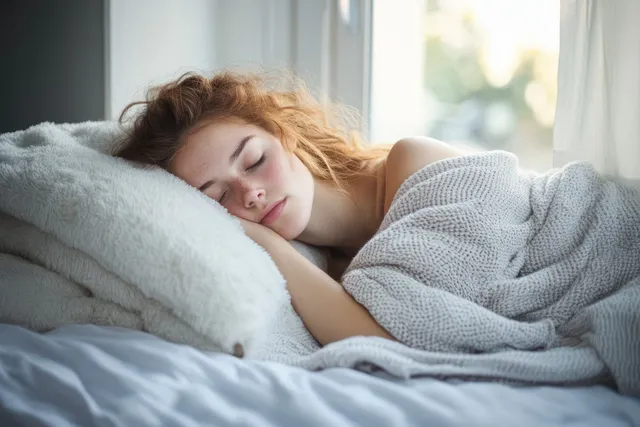 Red-haired woman resting on a bed in soft morning light with fluffy pillows and a cozy blanket.