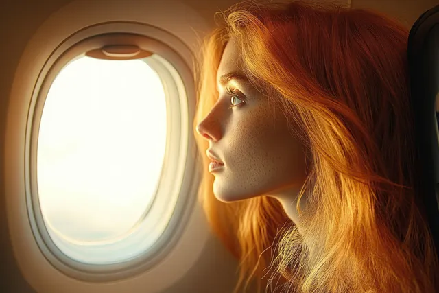 Red-haired woman in an airplane seat looks out the window in warm sunlight.