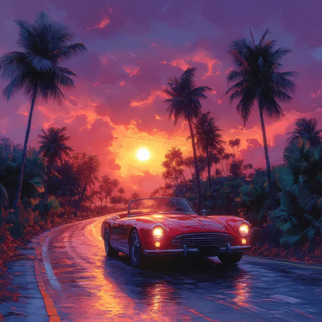 A red convertible drives on a winding road at neon sunset with palm trees silhouetted against glowing clouds.