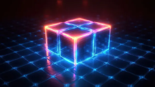 A glowing neon cube made of smaller cubes hovers above a blue digital grid, emitting orange accents.