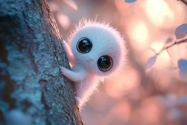 Fluffy small creature with shiny black eyes clinging to tree bark in glowing forest light.