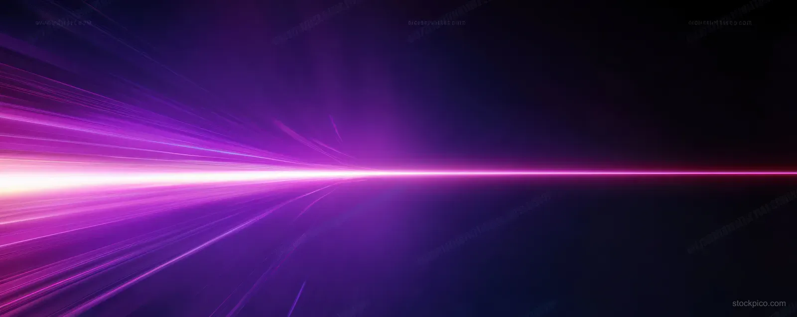 Purple laser beam streaks across a dark background with lens flare and glowing light rays.