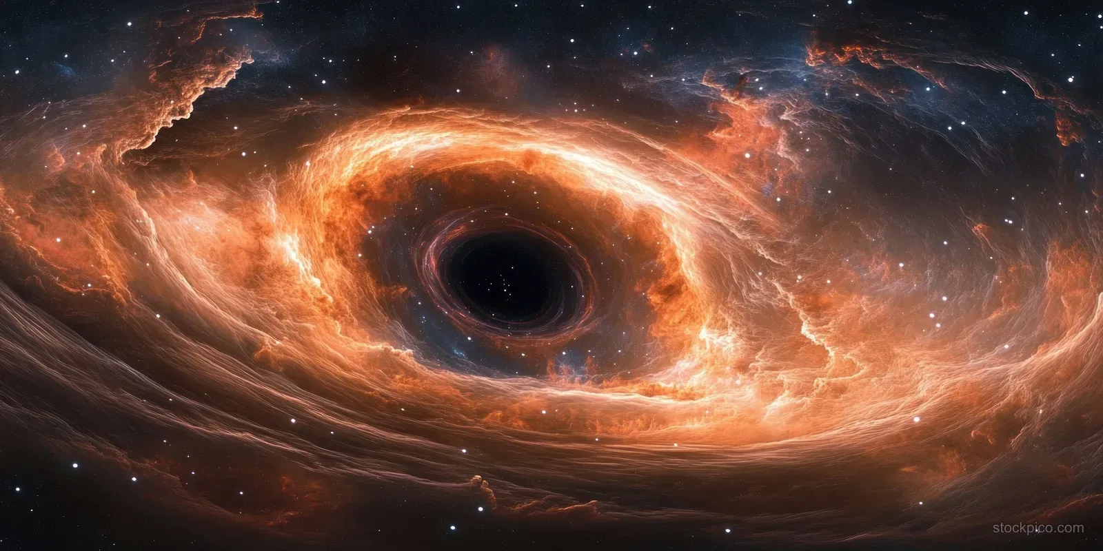 A central black hole with an orange accretion ring surrounded by swirling purple nebula and dense starfield.