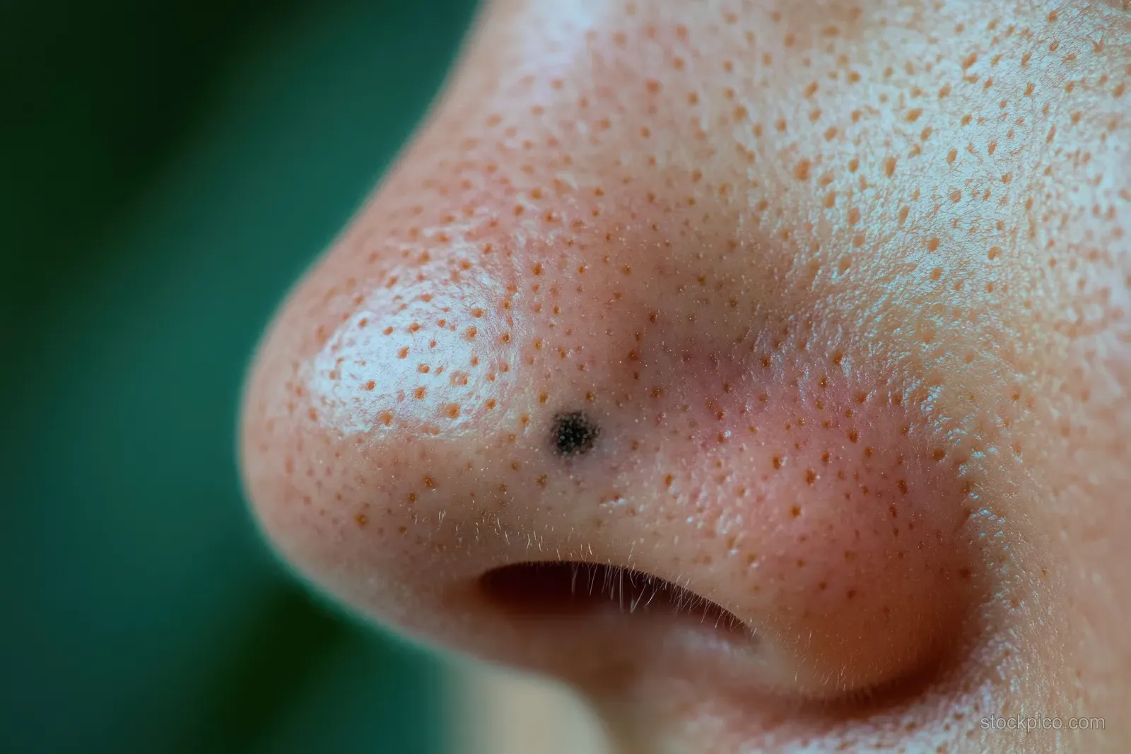 Macro close-up of a human nose with detailed skin pores and a small bluish spot on the skin.