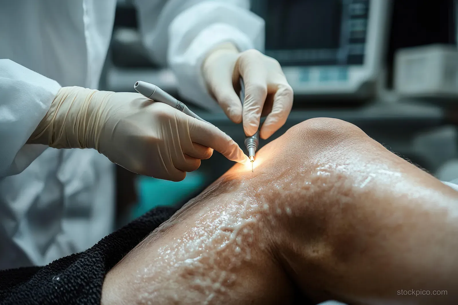 Gloved clinician uses a handheld laser on a patient’s knee in a clinic, with visible skin detail.
