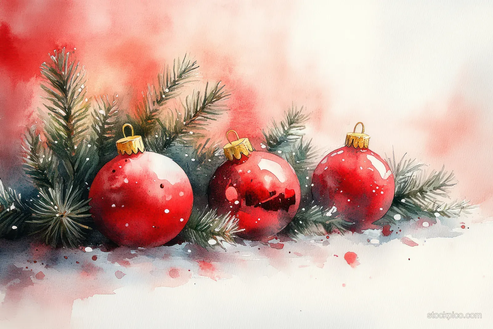 Red Christmas ornaments with gold tops sit among pine branches in a watercolor scene with soft snow and pinkish wash.