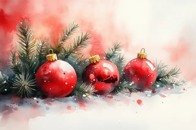 Red and white watercolor Christmas ornaments nestled among pine branches with soft snowy splashes