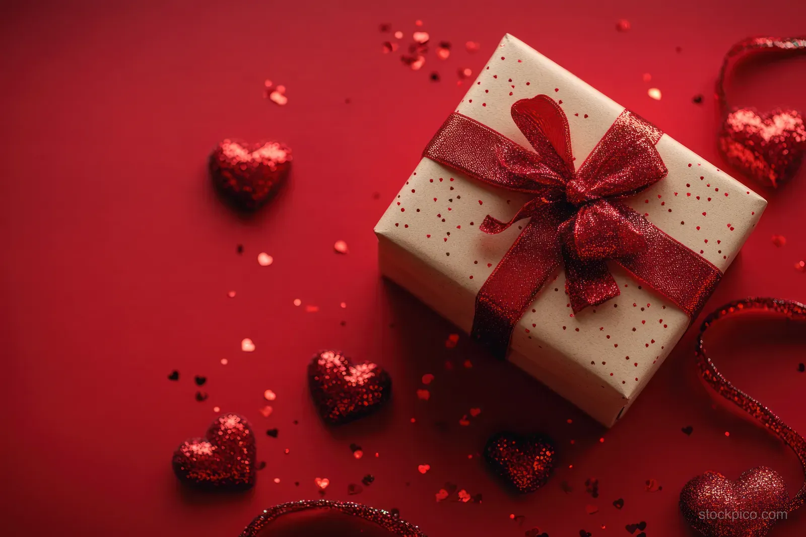 A red ribboned gift box with heart patterns sits on a red background surrounded by scattered heart decorations.