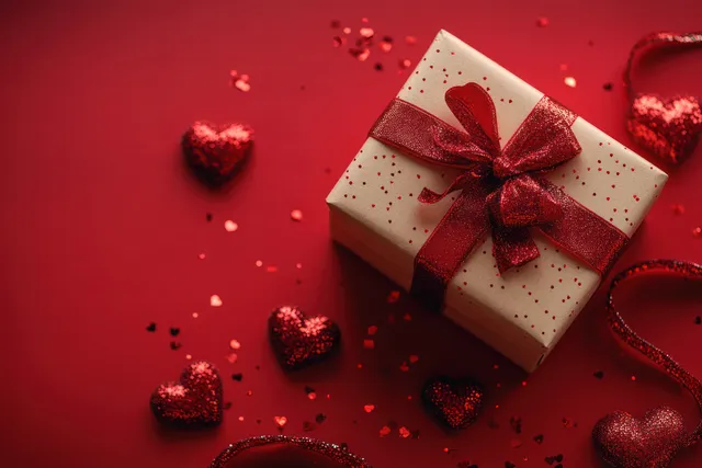 A red ribboned gift box with heart patterns sits on a red background surrounded by scattered heart decorations.