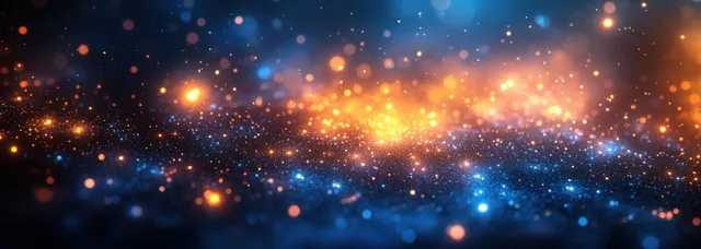 Blue and gold bokeh lights glow across an abstract winter night background with scattered sparkling particles.