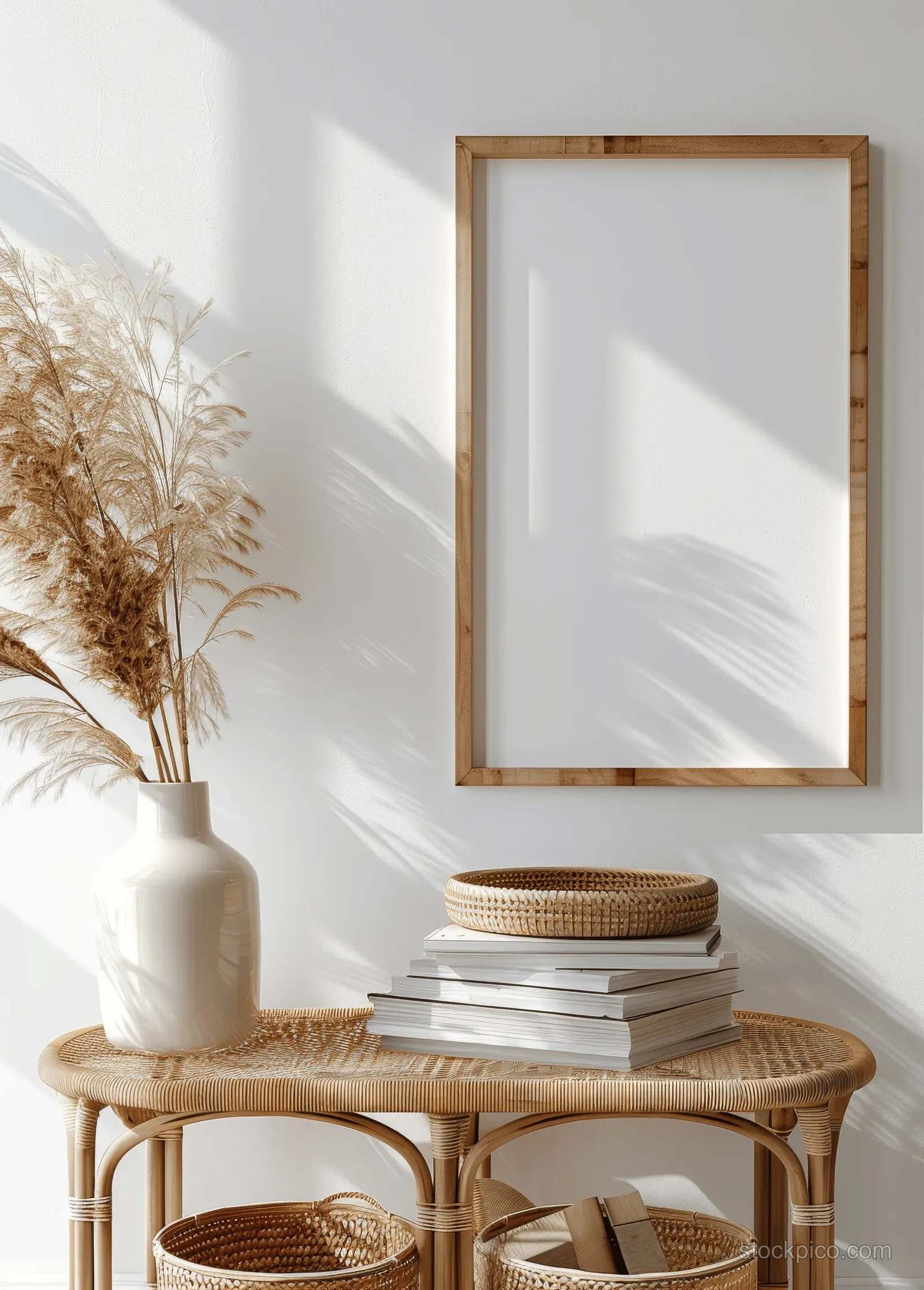 Blank framed poster on a wooden table with pampas grass and stacked rattan decor in a bright minimalist room.