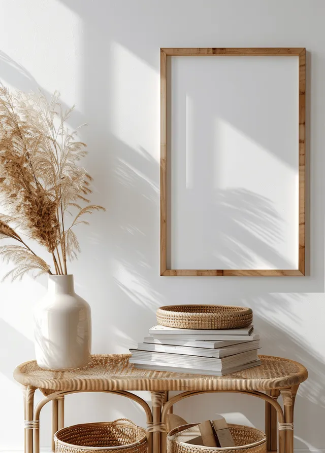 Blank framed poster on a wooden table with pampas grass and stacked rattan decor in a bright minimalist room.
