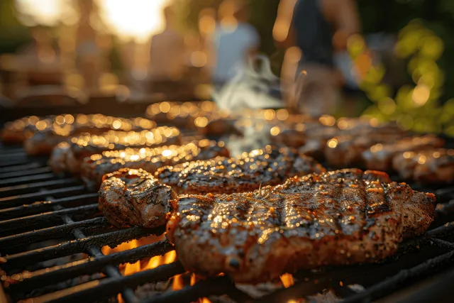 Flame-grilled beef steak sizzles on a backyard barbecue grill during sunset gathering