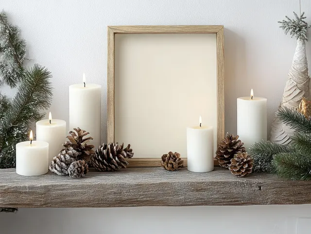 Glowing candles and pinecones on a rustic shelf beside an empty wooden frame with evergreen branches.