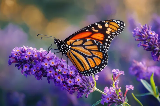 Monarch butterfly sipping nectar from purple aster blooms in a sunlit summer garden