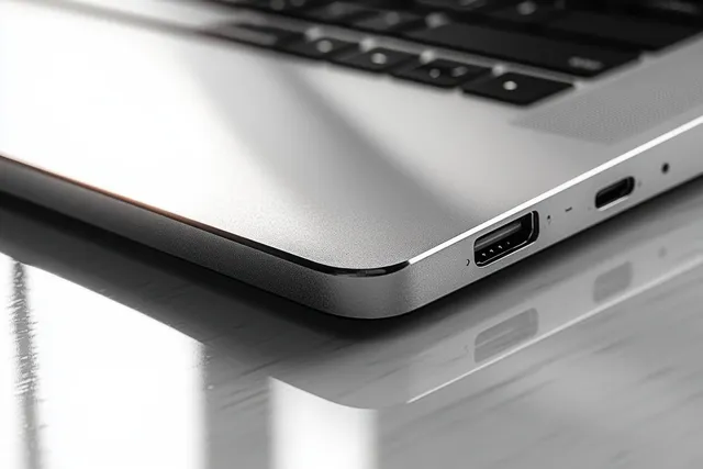 Close-up of a laptop’s metallic edge and USB-C port with soft high-key lighting.
