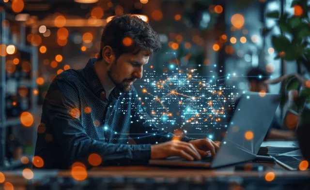 A businessman types on a laptop with a glowing CO2 icon overlay and green energy particles.